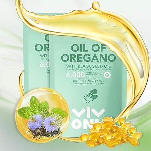 VivoNu - Óleo de Orégano Cápsulas Softgels | 6000mg de Óleo de Orégano com 200mg de Óleo de Semente Preta | Extrato Orgânico de Óleo de Orégano | Antioxidantes Naturais para Fitness | Livre de Transgênicos | Fórmula sem Glúten