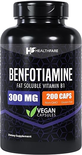 Healthfare - Benfotiamina 300mg | 200 Cápsulas | Vitamina B1 Lipossolúvel | Suporte à Saúde Geral | Livre de Transgênicos | Sem Glúten