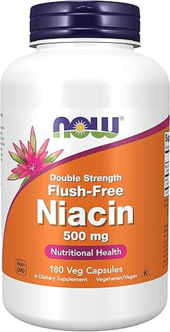 Suplementos, Niacina (Vitamina B-3) 500 mg, Livre de Flush, Dupla Potência, Saúde Nutricional, 180 Cápsulas Vegetais - NOW Foods