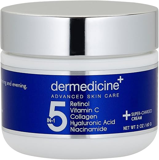 Dermedicine - Creme Facial Potente 5 em 1 Retinol, Vitamina C, Colágeno, Ácido Hialurônico e Niacinamida | Reduz Linhas Finas, Rugas e Aparência de Manchas Escuras 60g