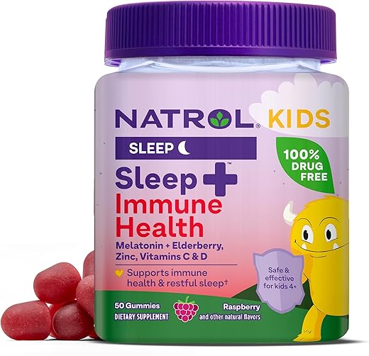 Kids Gummies de Melatonina, Zinco, Vitamina C e D, Sabores de Framboesa, 50 Gummies para Sono e Saúde Imunológica, Suprimento de 50 Dias - Natrol