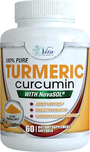 Vita Miracle - Suplemento de Cúrcuma Curcumina com NovaSOL – 1000mg Alta Potência Orgânica Cápsulas de Cúrcuma e Curcumina Aprimoradas com NovaSOL para Absorção Ótima (60, 60, Contagem)