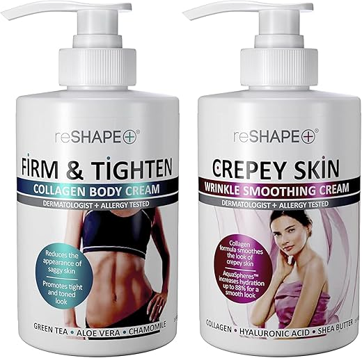 Reshape+ - Reshape – Creme Corporal de Colágeno para Tratamento da Pele Flácida, Loção Hidratante, Conjunto de Cuidados com a Pele, Creme para Pele Flácida que Combate Rugas
