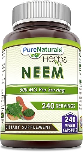 Neem | 500 Mg por Porção 240 Cápsulas Vegetais | Não-OGM | Sem Glúten | Fabricado nos EUA | Ideal para Vegetarianos - Pure Naturals