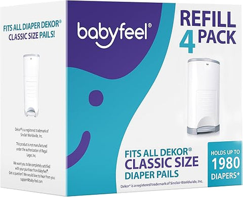 Babyfeel - Refis Compatíveis com DEKOR CLASSIC Diaper Pails | 4 Pacotes | Espessura Extra Exclusiva de 30%% | Refis para Lixeiras de Fraldas com Poderosa Eliminação de Odores | Fragrância em Pó | Capacidade de até