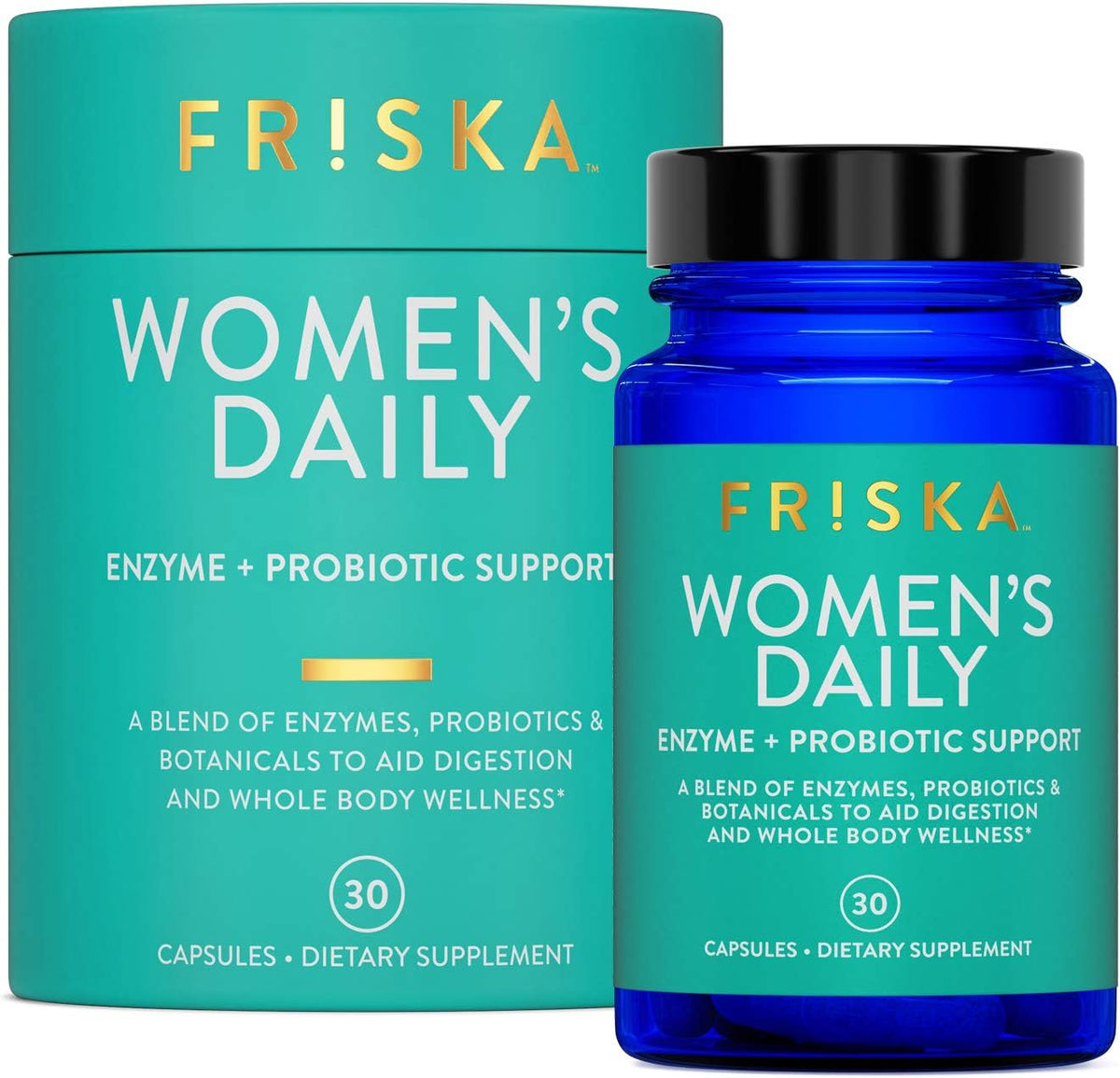 FR!SKA - FRISKA – Suplemento Enzimático e Probiótico Diário para Mulheres, Suporte Natural Avançado para Saúde Digestiva Feminina, Combate ao Inchaço, Facilita a Digestão, Suporta Nutrientes – 60 cápsulas