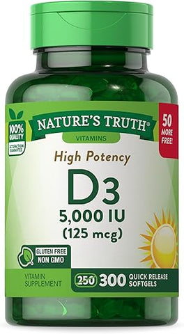 Nature's Truth - Nature’s Truth Vitamina D3 5000 UI (125 mcg) | 300 Softgels | Alta Potência | Livre de OGM e Glúten | Marca Nature’s Truth