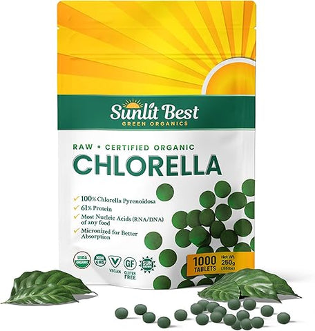 Sunlit Best Green Organics - Sunlit – Melhores Comprimidos de Chlorella Orgânica USDA Premium 1000 Unidades | Suplemento Superfood 100% Puro Rico em Proteínas, Clorofila, Vitaminas