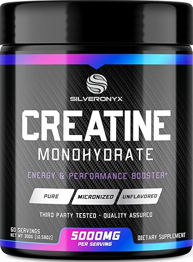 SILVERONYX - Creatina Monohidratada em Pó Micronizada 5000mg – Suplemento de Creatina Pura 100%, Creatina Monohidratada em Pó 5g, Suporte para Construção Muscular, Suplemento de Creatina Mono, Keto