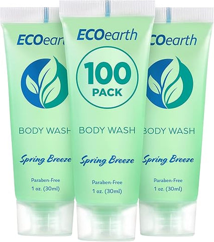 Travel Size Body Wash 1 fl oz (30 ml, 100 PK, Spring Breeze) – Hóspedes Encantados com um Sabonete Revitalizante e Refrescante para Hotéis – Mini e Pequeno Tamanho de Qualidade para Hóspedes - EcoEarth