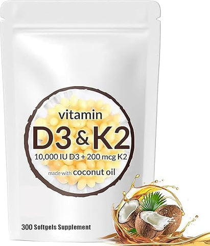 Generic - Suplemento Softgel 2 em 1 de Vitamina D3 K2, 10000 UI de VIT D3 e 200 MCG de Vitamina K2, Óleo de Coco Virgem 300 Softgel, Suporta Absorção de Cálcio (300pcs)