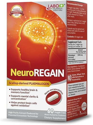 NeuroREGAIN – PLASMALOGEN derivado de vieiras para deterioração cerebral, memória, alerta, aprendizado, concentração e outras funções cognitivas – Adequado para - LABO Nutrition