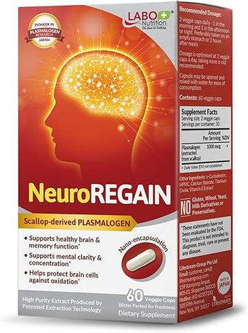 NeuroREGAIN – PLASMALOGEN derivado de vieiras para deterioração cerebral, memória, alerta, aprendizado, concentração e outras funções cognitivas – Adequado para - LABO Nutrition