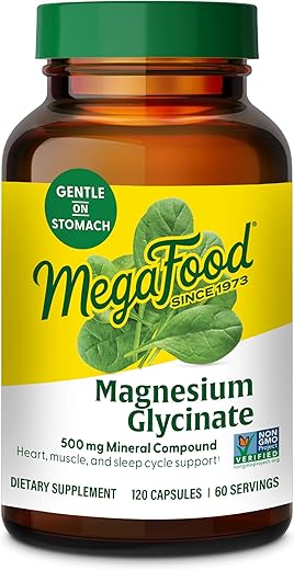 Magnesium Glycinate 500mg – Suplemento de Magnésio Quelato – 60mg de Magnésio Elemental – Suave no Estômago – Suporta o Ciclo Normal do Sono - MegaFood