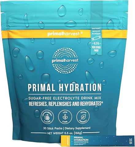 Pacotes de Pó de Eletrólitos Primal Hydration, Fácil de Abrir, Mistura Energética (Limão e Frutas Vermelhas, 30 Pacotes) (1 Bolsa) - Primal Harvest
