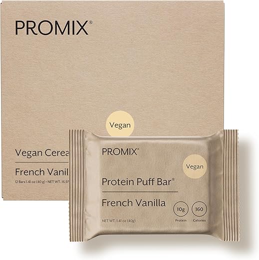 ProMix Nutrition - Promix Nutrition Barras de Proteína Vegana Puff | Alto teor de proteína, Baixa caloria Marshmallow Crocante | Kosher, Livre de Soja – Baunilha Francesa | 100g