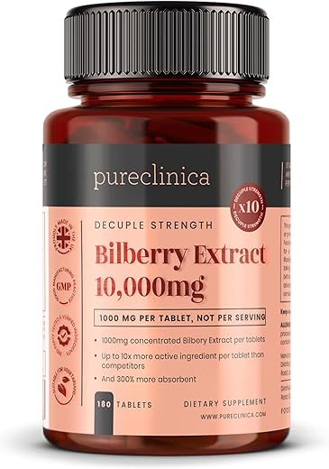 pureclinica - Bilberry Extract 10.000mg x 180 Comprimidos – 10X Mais Antocianidina + 5mg Pimenta Preta por Comprimido