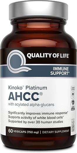 Quality of Life - Qualidade de Vida Premium Kinoko Platinum AHCC, 750mg de AHCC por Cápsula, para Suporte Imunológico, Função Hepática, Atividade Natural das Células Assassinas, 1 Pacote, 60 Cápsulas