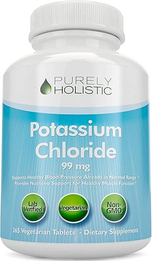 Purely Holistic - Suplemento de Potássio 365 Comprimidos – Fornecimento de 1 Ano – Cloreto de Potássio 99mg – Suporta Pressão Arterial Saudável