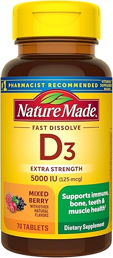 Vitamina D3 Extra Forte 5000 UI (125 mcg), Suplemento de Vitamina D para Saúde Óssea, Dental, Muscular e Imunológica, 70 Comprimidos Dissolvíveis Sem Açúcar, Fornecimento de 70 Dias - Nature Made
