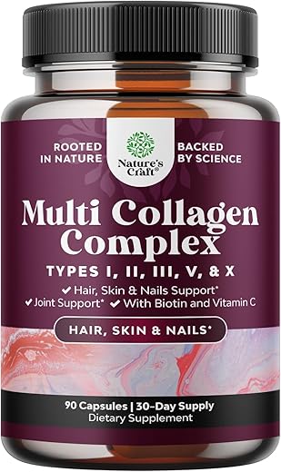 Natures Craft - Complexo Avançado de Colágeno Multi – Suplemento de Biotina e Colágeno para Homens e Mulheres com BioPerine e Vitamina C – Tipo 1 2 3 5