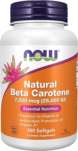 Suplementos, Beta Caroteno Natural 25.000 UI, Nutrição Essencial, 180 Softgels - NOW Foods