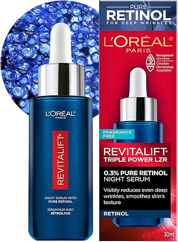 L'Oreal Paris - L’Oréal Paris Revitalift Triple Power LZR Serum Noturno para o Rosto, com 0,3% de Retinol Puro, Hidrata a Pele e Elimina Rugas Profundas, para Todos os Tipos de Pele, 30ml
