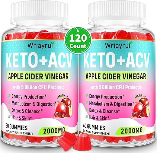 Wriayrui - Gummies de Vinagre de Maçã, Rápido Ripped Keto ACV, Força Máxima 2000mg, com Chá Verde, Probióticos, B6