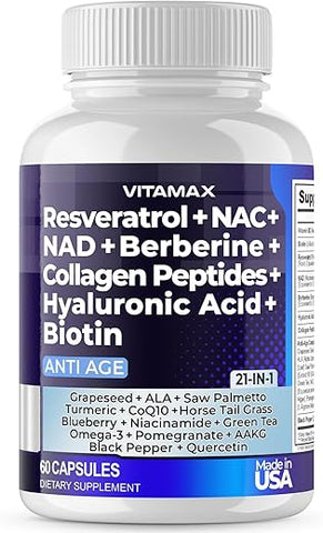 Vitamax - Resveratrol NAD Berberina Ácido Hialurônico – Biotina Uva | 30g