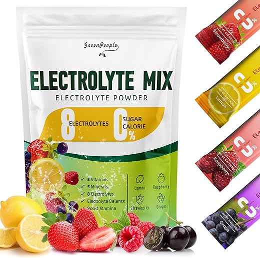 GREENPEOPLE - Pó de Eletrólitos Sem Açúcar – Hidratação Sem Açúcar – Sachês de Eletrólitos com Sabores de Frutas – Mistura para Bebida de Eletrólitos – 8 Eletrólitos 5 Vitaminas
