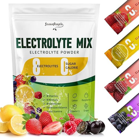 GREENPEOPLE - Pó de Eletrólitos Sem Açúcar – Hidratação Sem Açúcar – Sachês de Eletrólitos com Sabores de Frutas – Mistura para Bebida de Eletrólitos – 8 Eletrólitos 5 Vitaminas