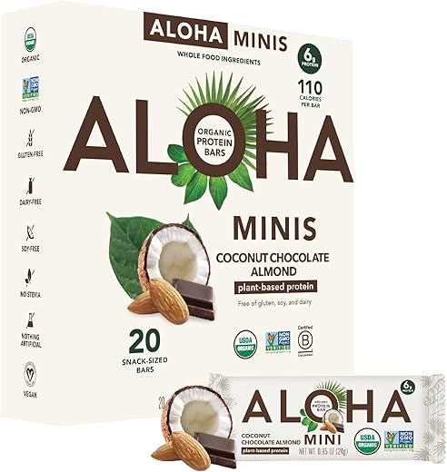 Barra de Proteína Vegetal Orgânica MINIS | Coco Chocolate Amêndoa | 20 Unidades, 24g cada | Vegano, Baixo teor de açúcar, Sem glúten, Paleo, Baixo carboidrato, Não-OGM, Sem Stevia, Sem soja | ALOHA - ALOHA