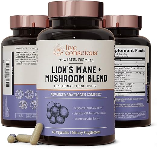 Live Conscious - Suplemento de Cogumelo do Leão para Suporte Cerebral com Lion’s Mane, Cordyceps, Reishi e Turkey Tail – Suplemento de Memória Cognitiva para o Cérebro