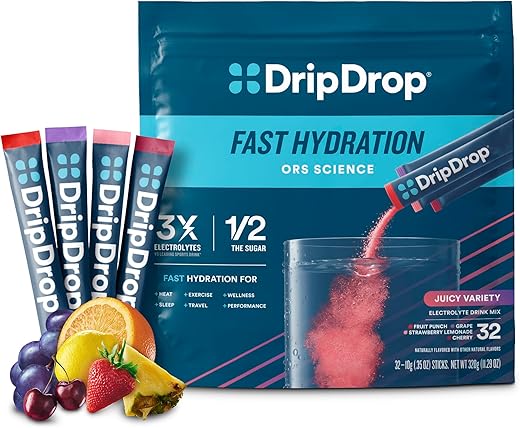 Hydration – Pack Variado de Bebida em Pó de Reposição Eletrolítica – Uva, Frutas Vermelhas, Limonada de Morango, Cereja – 32 Porções - DripDrop