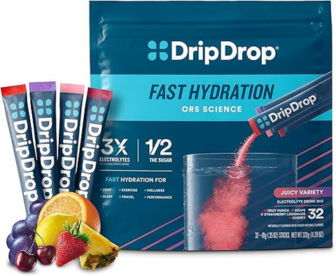 Hydration – Pack Variado de Bebida em Pó de Reposição Eletrolítica – Uva, Frutas Vermelhas, Limonada de Morango, Cereja – 32 Porções - DripDrop