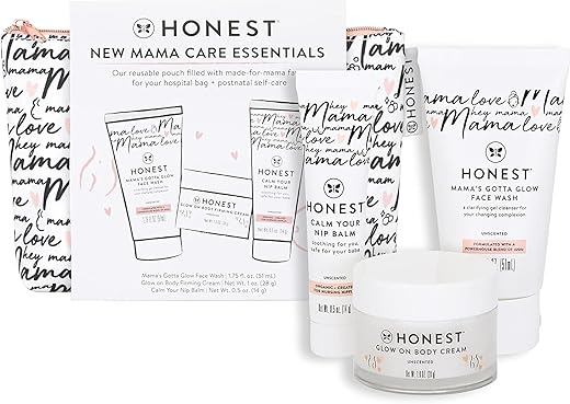 Conjunto Presente New Mama Care Essentials da The Honest Company | Itens Essenciais para a Bolsa de Maternidade | Bálsamo para Mamilos Tamanho Viagem (0,5 ml), Creme Corporal Glow On (1 ml), Gel de Limpeza Facial Gotta Glow (1,75 ml)