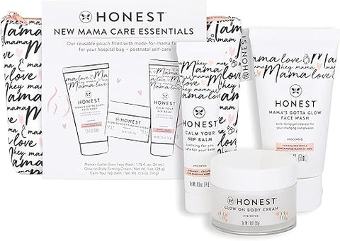 Conjunto Presente New Mama Care Essentials da The Honest Company | Itens Essenciais para a Bolsa de Maternidade | Bálsamo para Mamilos Tamanho Viagem (0,5 ml), Creme Corporal Glow On (1 ml), Gel de Limpeza Facial Gotta Glow (1,75 ml)
