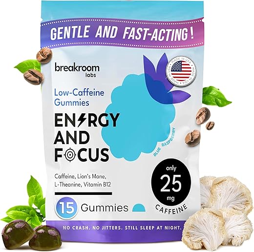 Breakroom Labs - Gummies Energéticos com Baixo Teor de Cafeína e Foco, Vitamina B12, Lion’s Mane, L-Theanine – Baixo Açúcar, Sem Carboidratos, Sem Glúten, Vegano – Energia Nootrópica em Mastigáveis – Sabor Blue Raspberry, 15g