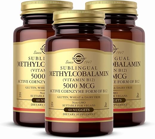 Methylcobalamin (Vitamina B12) 5000 mcg – 60 Nuggets, Pacote com 3 – Suporta o Metabolismo Energético – Vitamina B – Não-OGM, Vegano, Sem Glúten – 180 Porções Totais - SOLGAR