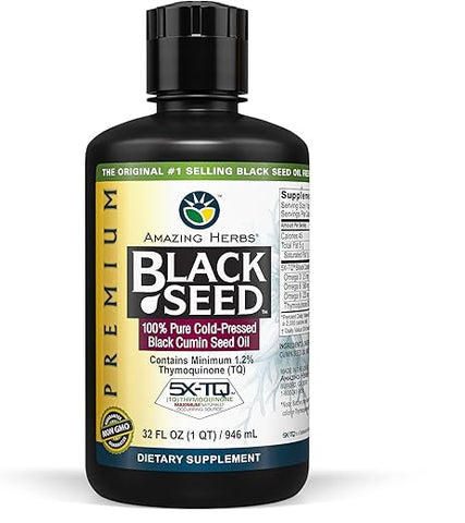 Óleo de Semente de Cominho Preto Premium Amazing Herbs – Extração a Frio de Nigella Sativa Auxilia na Saúde Digestiva, Suporte Imunológico, Função Cerebral, Mobilidade Articular – Sem Glúten, Não Transgênico – 946 ml