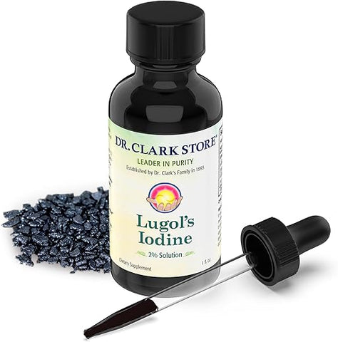 Dr Clark - Dr. Clark Lugol’s Iodine 2% – Solução de Iodo Aquoso de Iodeto de Potássio e Iodo Granular 2% – Alívio Natural para o Estômago e Cuidados de Saúde – 30 ml com Conta-gotas