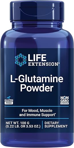 L-Glutamina em Pó, Aminoácido, Suporte para Saúde Muscular e Imunológica, Livre de Glúten, Não-OGM, Vegetariano, 100g - Life Extension