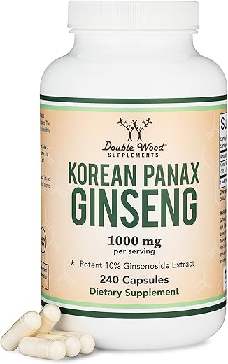 Double Wood Supplements - Cápsulas de Ginseng (Extrato de Ginseng Vermelho Coreano, Panax Ginseng 10%% Ginsenosides) (Fornecimento de 4 Meses) 240 Cápsulas Veganas – 1.000mg por Porção para Humor, Função Cognitiva e Energia