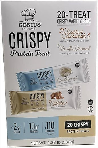 Pack com 20 unidades de Snacks Proteicos Crocantes, Sabor Caramelo Salgado – Embalagem Variada - Genius Gourmet
