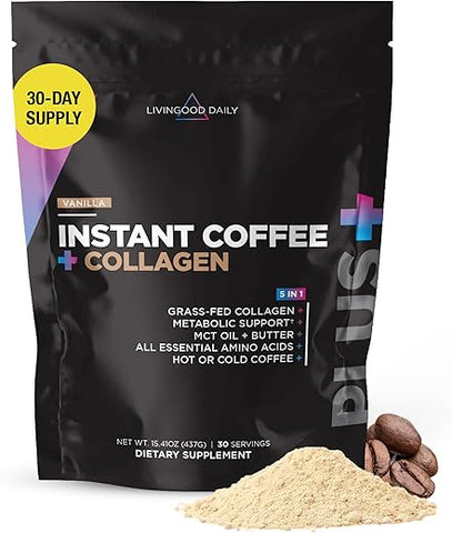 Livingood Daily - Pó de Colágeno Hidrolisado com Café Diário Livingood (Baunilha) – Peptídeos de Colágeno de Pasto, Vitaminas