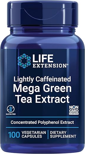 Suplemento de Extrato de Chá Verde Mega com Cafeína Leve da Life Extension – 98% EGCG Polifenóis para Apoio à Saúde do Coração e do Cérebro para Homens e Mulheres – Sem Glúten, Não-OGM – Embalagem de 30g