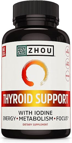 ZHOU - Zhou Complexo de Suporte à Tireoide com Suplemento de Iodo, Aumente a Energia, Combata a Névoa Cerebral com Vitamina B12, Iodo, Magnésio, Zinco, Selênio, Sem Soja, Sem Glúten, 30 Porções, 60 Cápsulas