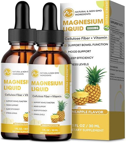 M inch - Magnésio Líquido 1000mg, Gotas Líquidas de Magnésio Glicinato Sem Açúcar com Fibra de Celulose, Bromelina, Vitamina B6, C, D, Zinco para Noite, Saúde Digestiva (2 Pacotes, Abacaxi)