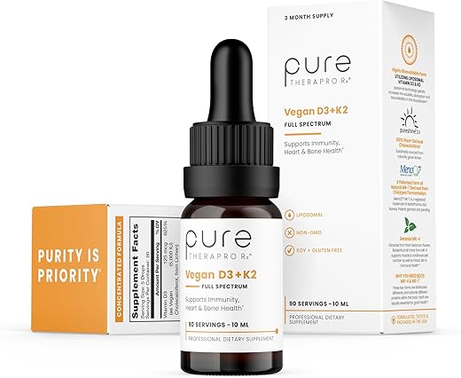 Suplemento Lipossomal de Vitamina D3 K2 Vegan Pure Therapro Rx | 90 Porções | Máxima Absorção de Vitaminas Líquidas D3 5000 UI e K2-10 para Homens e Mulheres – 10 mL