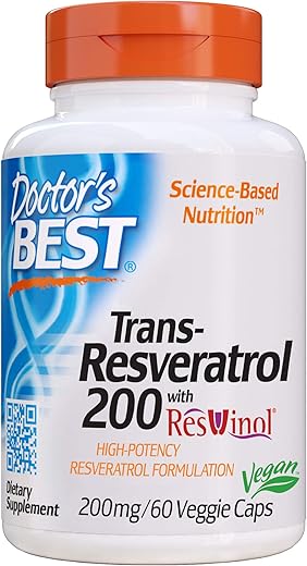 Doctor's BEST - Doctor’s Best Trans-Resveratrol com ResVinol – Não-OGM, Vegano, Sem Glúten – 60 cápsulas